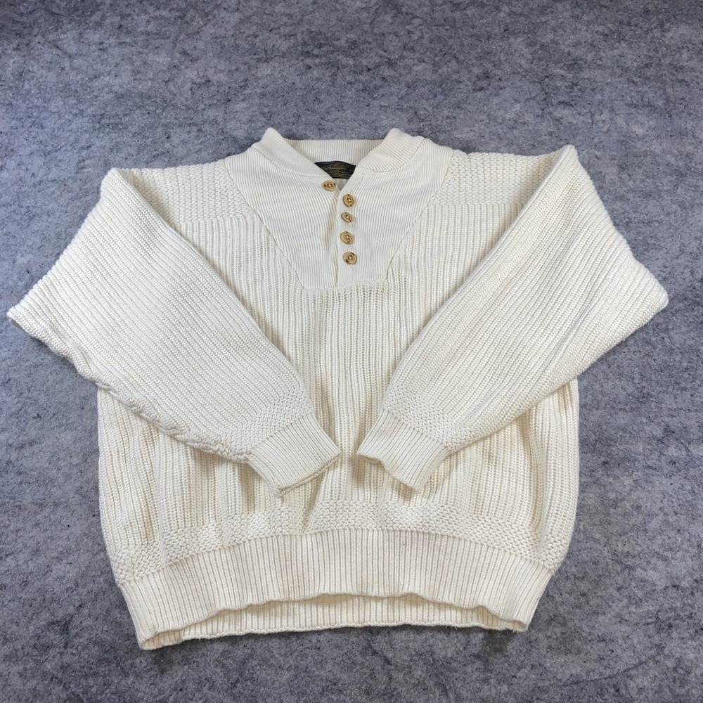 Eddie Bauer Sweater Mens L Cream Cotton Long Sleeve Fisherman Henley Knit Heavy